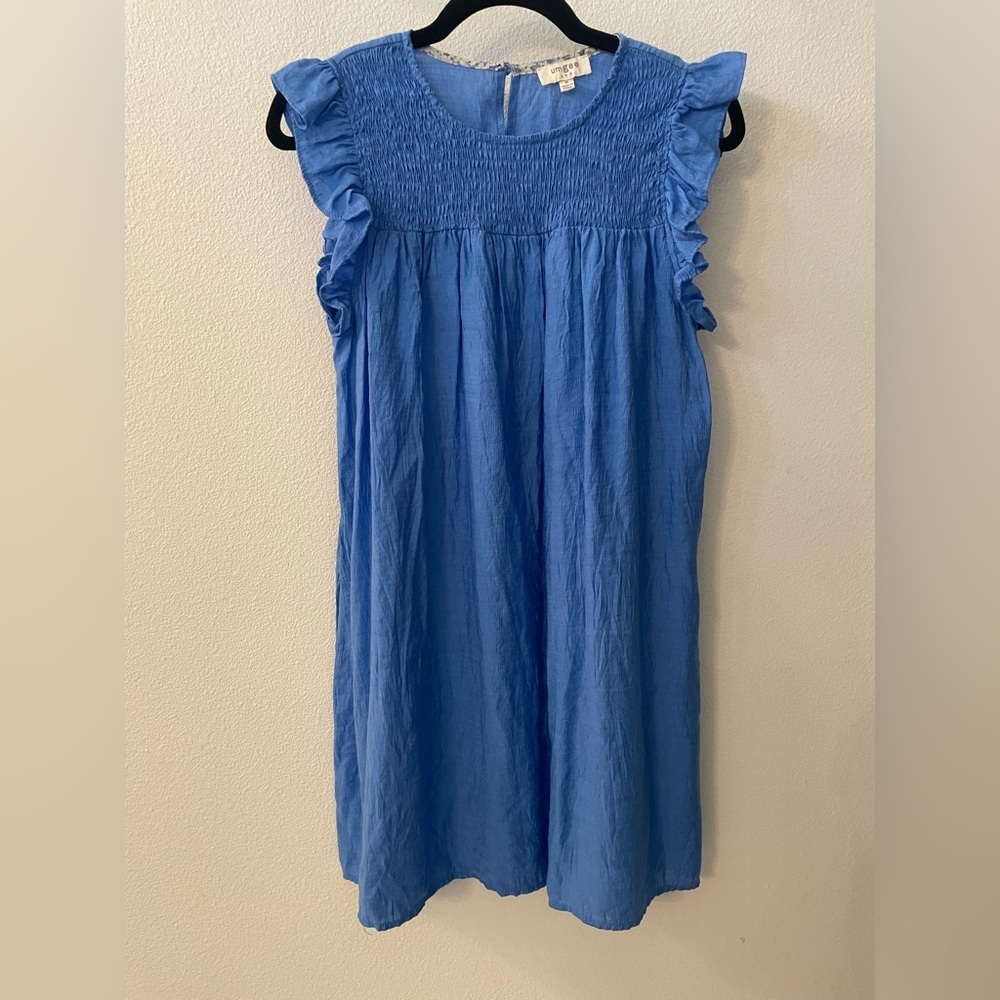 Umgee Blue Babydoll Dress Smocked Ruffle Sleeve Cottagecore M - Picture 6 of 11